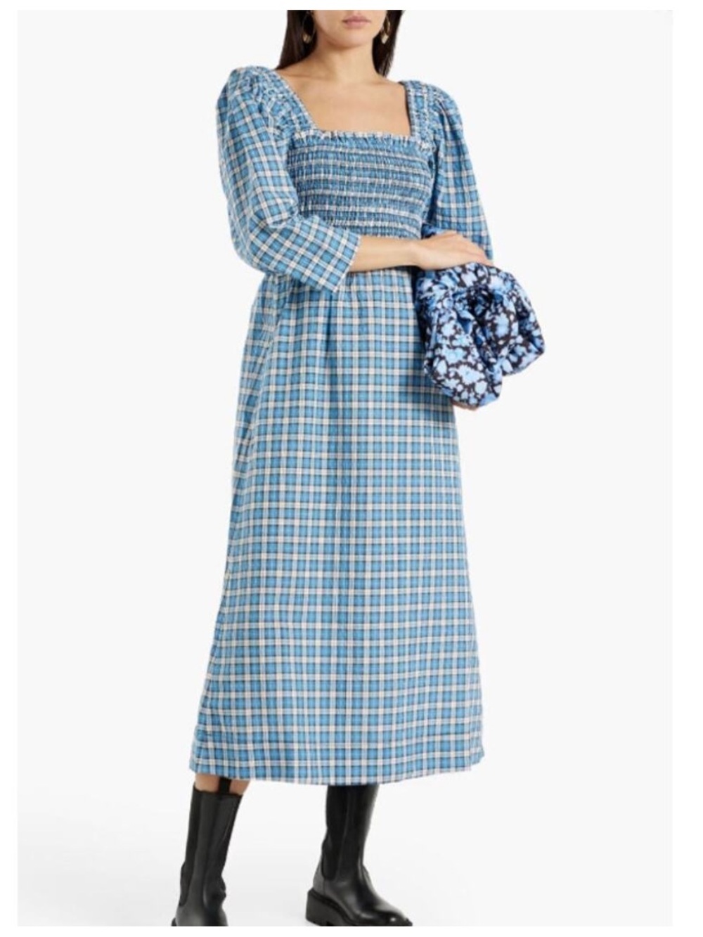 Ganni Blue Plaid Smocked Midi Dress with Square Neck
